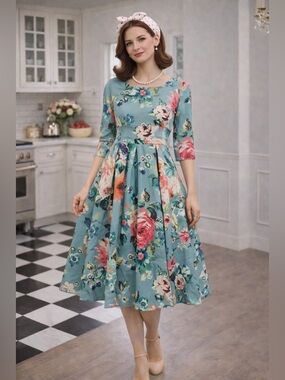 MINT LIMIT Blue Floral 50s Retro Party Swing Dress Pleated Skirt Fit & Flare M